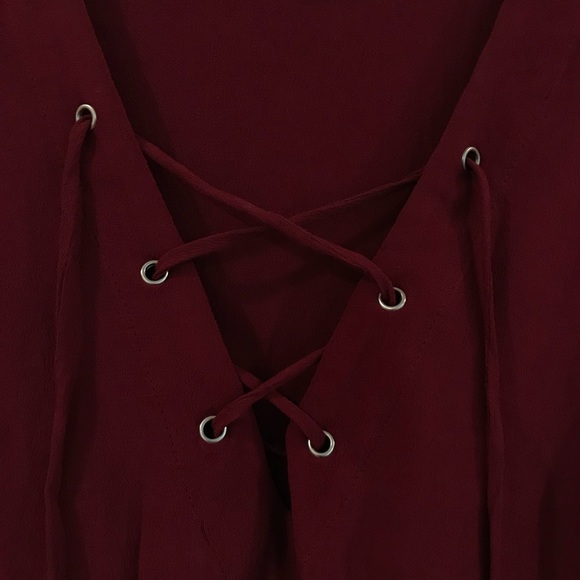 Maroon Lace Up Front T-shirt - Picture 3 of 4